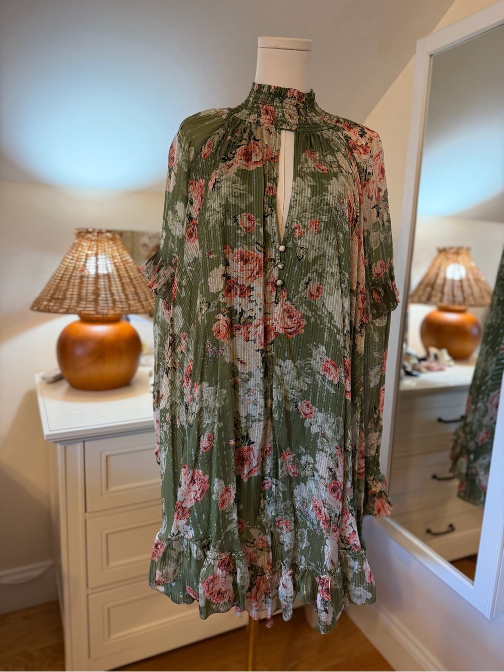 HEMANT & NANDITA Olive Green Floral Long Sleeve Mini Dress